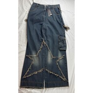 KENVIBE Star Detail Distressed Denim  Pants Womens 2XL Wide Leg baggy  32" waist